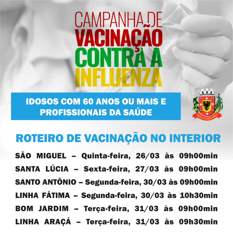 Em Nova Candelária, vacinação contra a gripe terá roteiro pelas comunidades do interior 